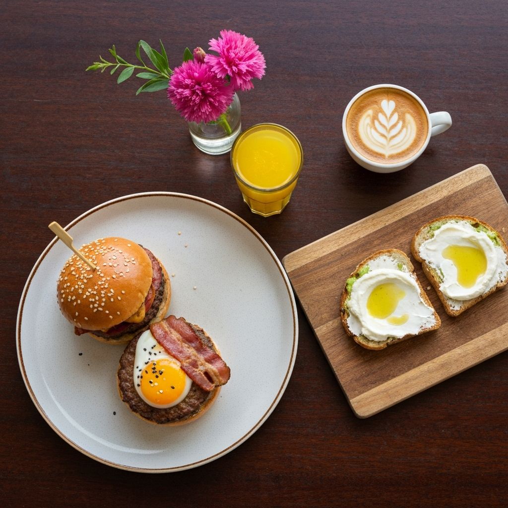 Overhead view of a cafe breakfast spread at Duke's On Brunswick: bacon burger, avocado toast, coffee and fresh juice